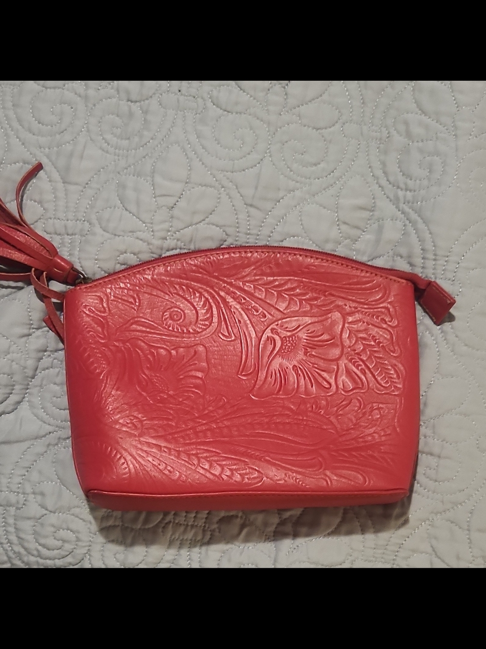 Myra Bag Embossed Coral Pink Leather Cosmetic Clutch